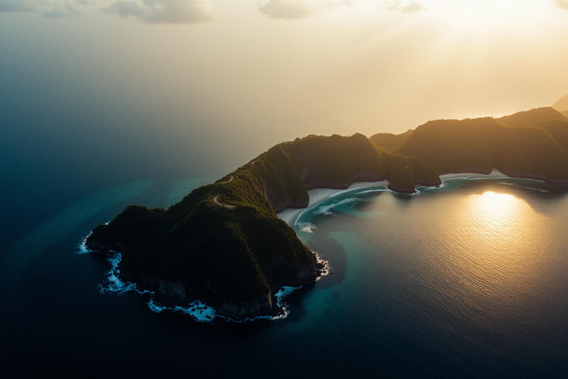 Aerial of a Caribbean coastline at golden hour